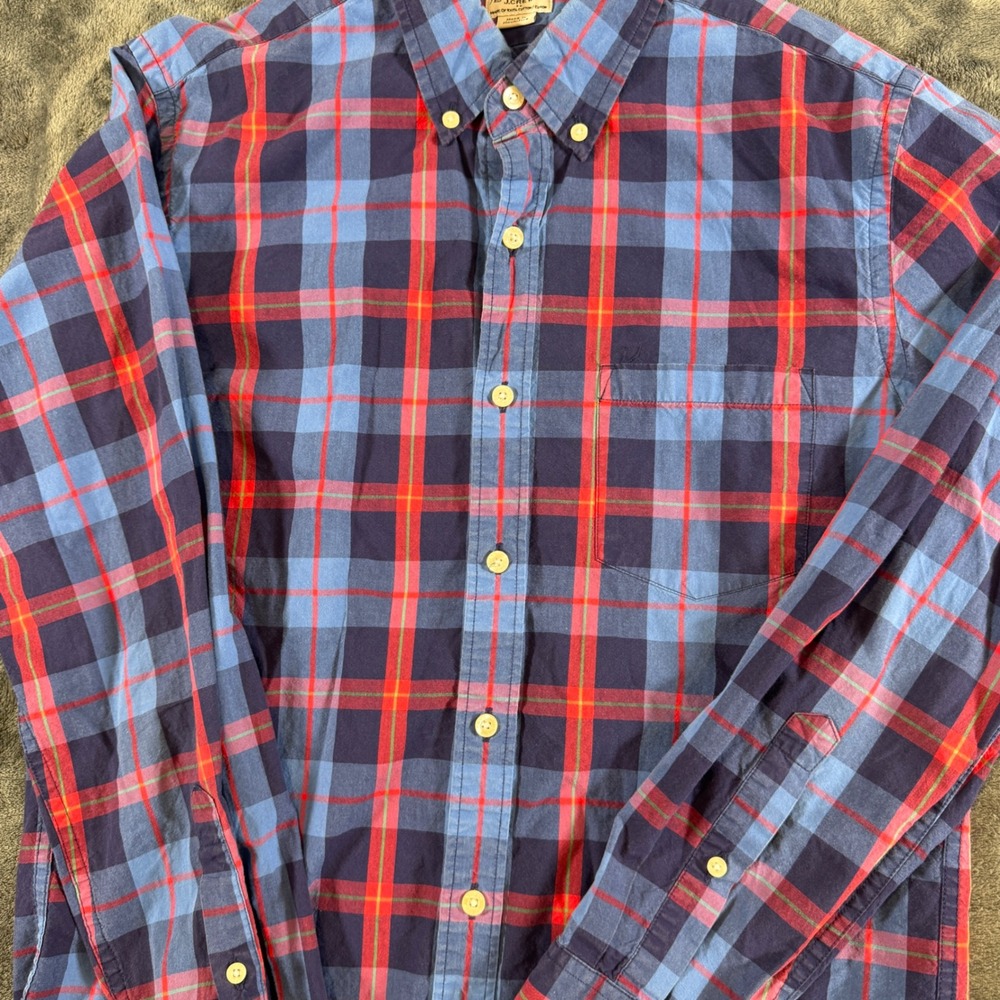 J.Crew Mens Medium Button Down Blue Red Plaid Shirt Slim Fit Long Sleeve Cotton - Picture 4 of 7